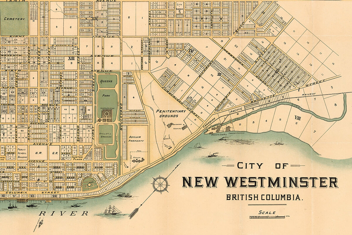An old-fashioned illustrated map of New Westminster BC